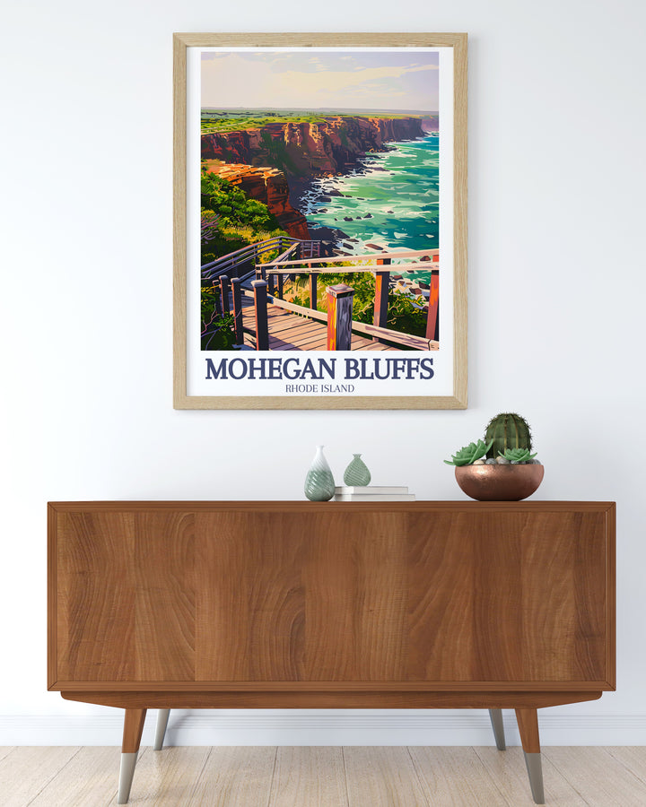 Featuring the dramatic Mohegan Bluffs Pavilion and the clay cliffs of Block Island, this travel print brings Rhode Islands coastal charm to life. The vintage style poster offers a serene beach scene perfect for enhancing your home or as a thoughtful gift for friends.