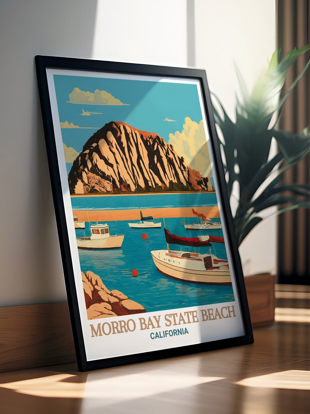 Featuring the serene Morro Bay State Beach and the bustling Morro Bay Harbor, this travel print captures the best of Californias coastal beauty. The detailed artwork and vibrant colors make it an ideal addition to any home decor.