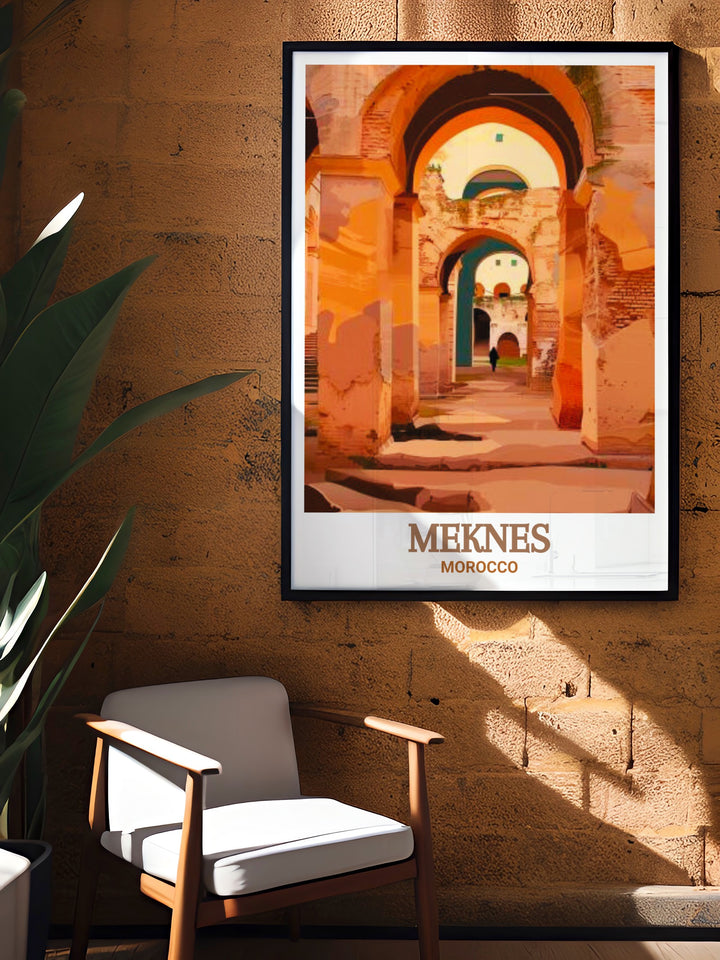 Place el Hedim modern print brings the historic charm of Meknes to your walls this Morocco travel art piece is ideal for enhancing any room décor with its vibrant colors and intricate details perfect for those who appreciate the beauty and culture of Moroccan landmarks