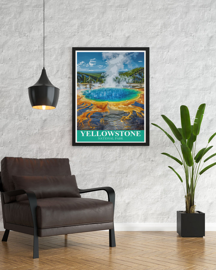 Celebrate the natural beauty of Yellowstone with this vintage poster showcasing the iconic Grand Prismatic Spring. This travel print is a striking addition to any collection, capturing the essence of adventure in the great outdoors.