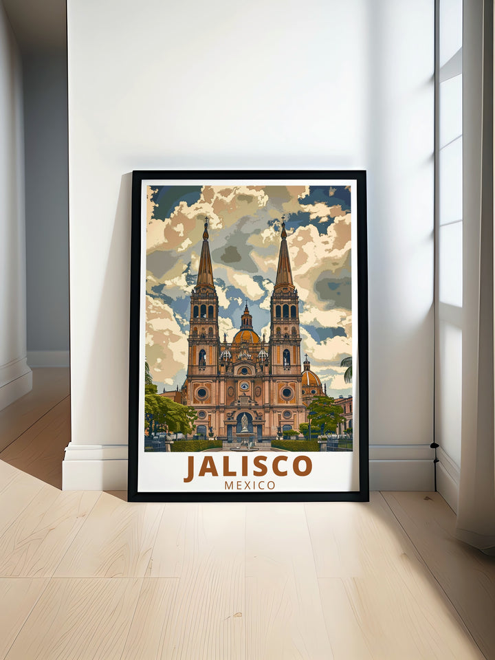 Showcasing the striking architecture of Guadalajara Cathedral, this Jalisco travel print offers a vivid glimpse of Mexicos rich cultural heritage. Perfect for any room, this poster celebrates Jaliscos vibrant landscapes and iconic landmarks in style.