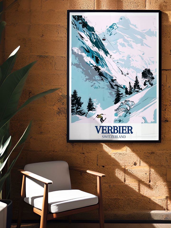 Verbier 4 Vallées vintage poster celebrates the history and beauty of one of Europes most iconic ski areas. With its vibrant colors and detailed depiction of the slopes, this artwork is a must have for anyone passionate about skiing or Swiss mountain culture.