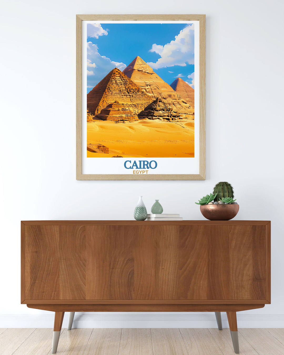 Transform your space with this captivating Pyramids of Giza travel poster featuring the skyline and cityscape of Cairo perfect for adding a touch of historical charm to your decor.