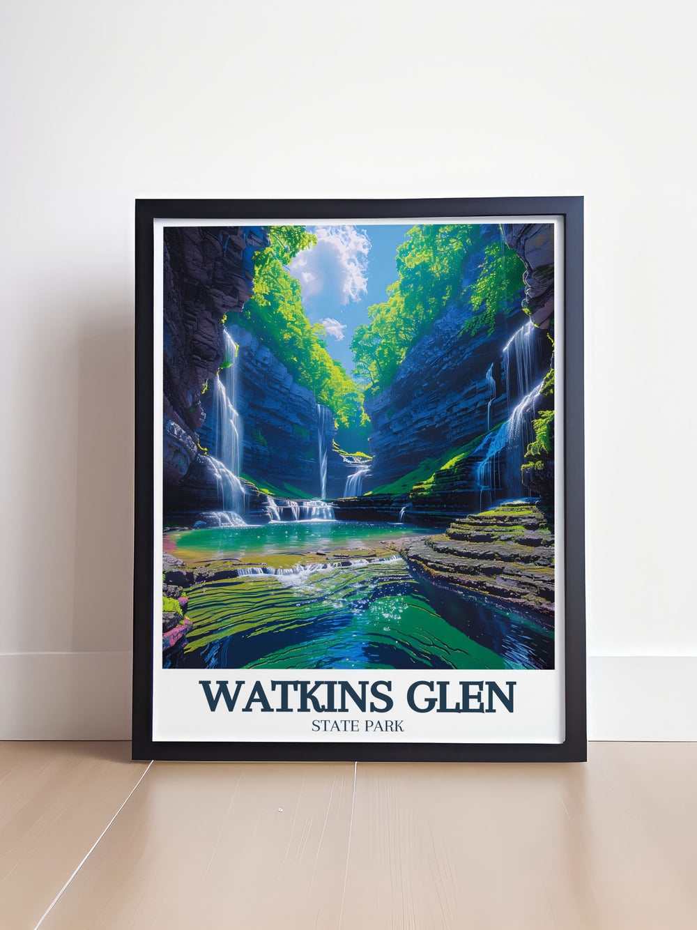 Add a touch of tranquility and history to your home with this Watkins Glen State Park wall decor. The artwork captures the essence of the parks scenic landscapes and geological features, making it a perfect piece for those who appreciate New Yorks natural and geological treasures. It blends art and history beautifully, offering a serene and elegant display.