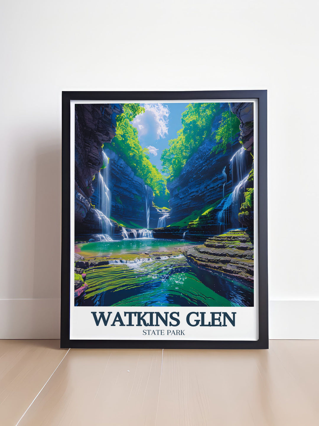 Add a touch of tranquility and history to your home with this Watkins Glen State Park wall decor. The artwork captures the essence of the parks scenic landscapes and geological features, making it a perfect piece for those who appreciate New Yorks natural and geological treasures. It blends art and history beautifully, offering a serene and elegant display.