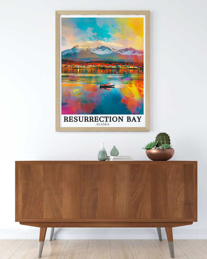 Bring Alaskas natural beauty into your home with this stunning travel print featuring Resurrection Bay, Seward Town, and the Kenai Peninsula. This artwork is the perfect gift or decor piece for anyone with a love for Alaska.