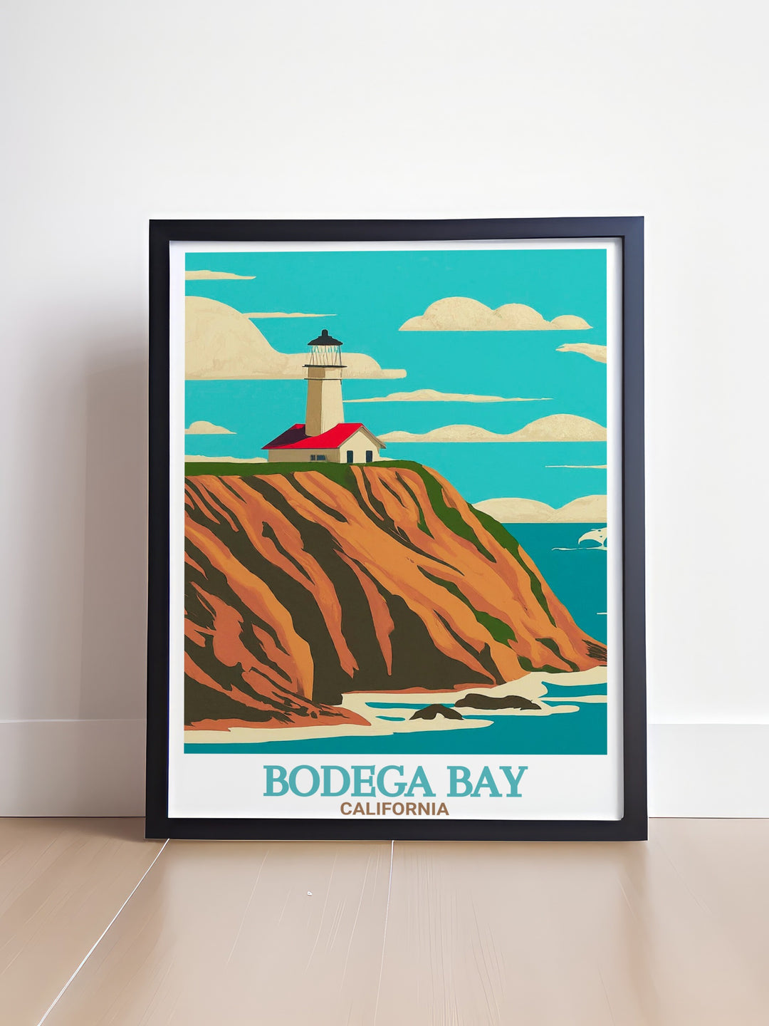 Bodega Head art print featuring a breathtaking view of the cliffs and ocean waves. Ideal for creating a calming and beautiful atmosphere in any room with a focus on Californias natural beauty.