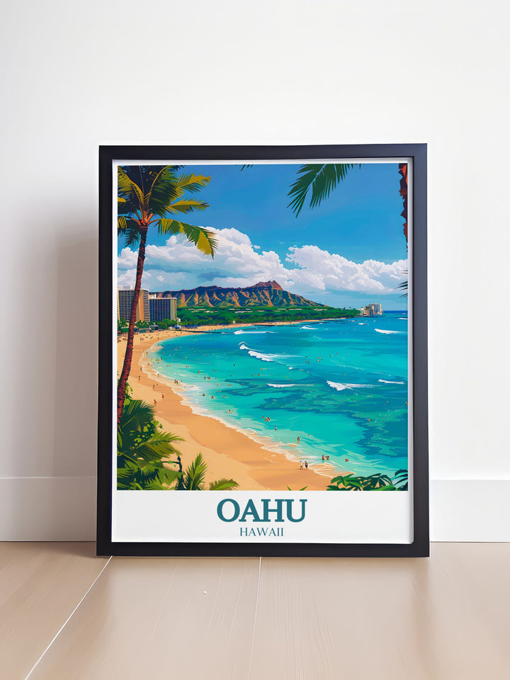 Discover the charm of Hawaii with this Oahu photo capturing the breathtaking scenery of Waikiki Beach and Diamond Head Crater a must have for any travel enthusiast.