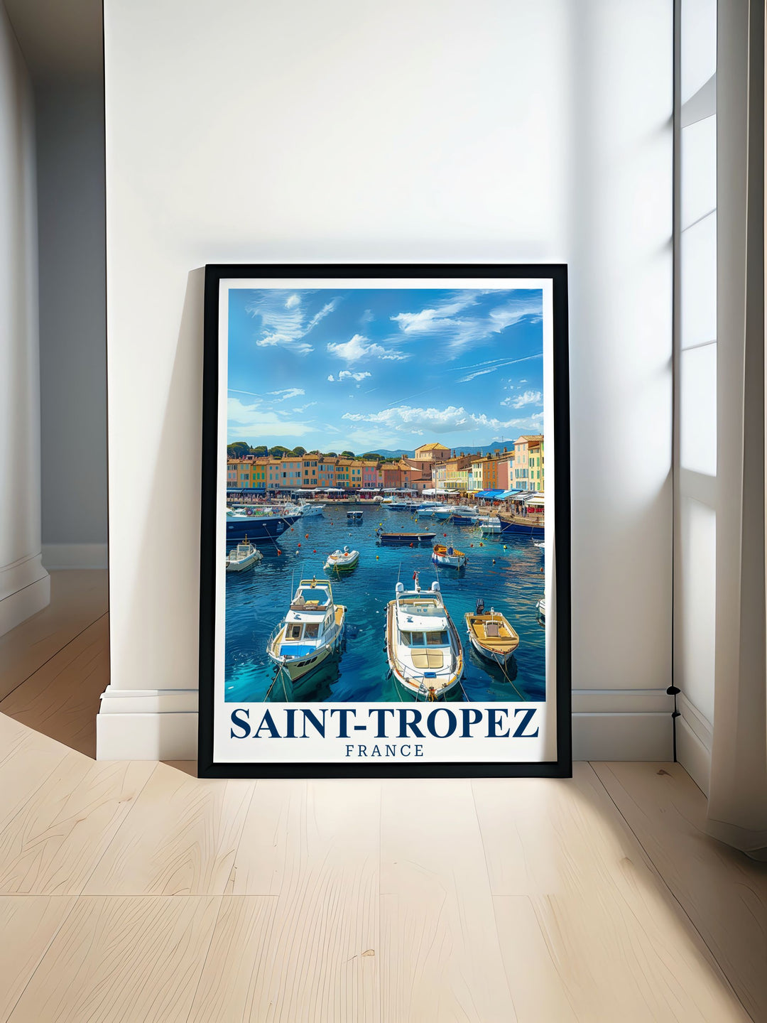 St Tropez travel poster and Port of St Tropez modern prints designed to bring the beauty of the French Riviera into your home. This elegant wall art is perfect for enhancing your living room decor with stunning coastal views and vibrant Mediterranean colors.