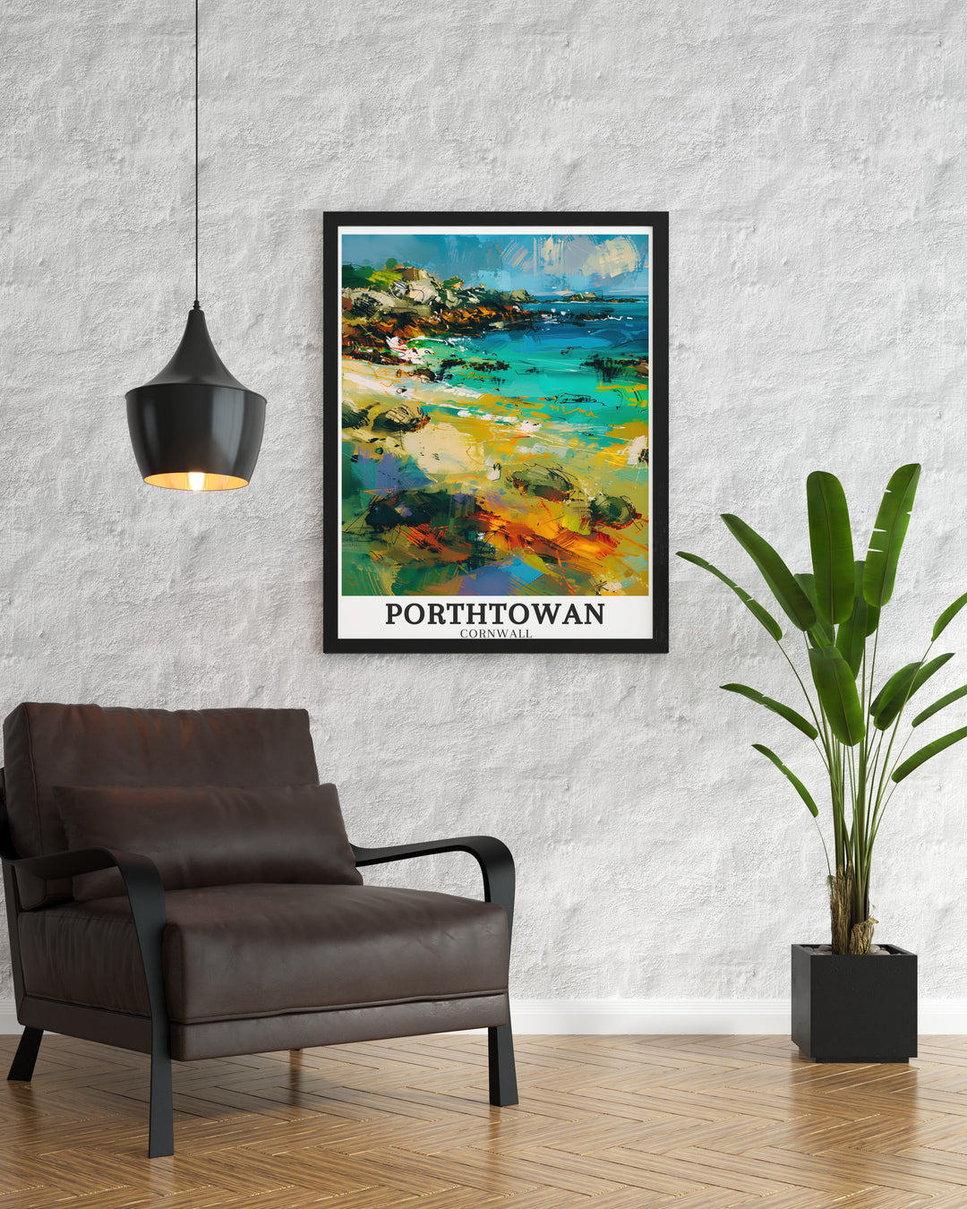 Stunning Cornwall wall art showcasing the wild waves of the North Sea meeting the sandy shores of Porthtowan and Portreath. This detailed artwork captures the essence of Cornwalls coastal beauty, ideal for adding a touch of English charm to your home