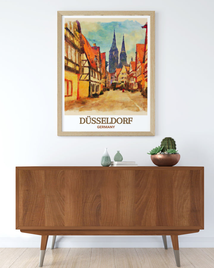 Our Düsseldorf poster print beautifully captures the charm of Altstadt, known for its rich cultural heritage and stunning riverside views.