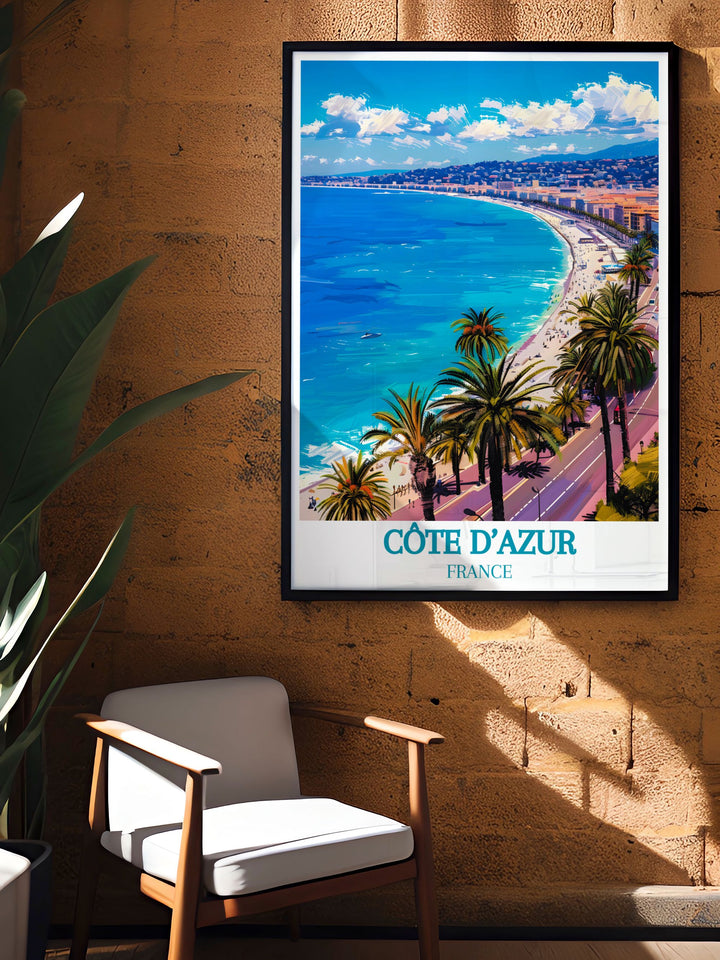 Fine art print of the Promenade des Anglais, Nice, Côte dAzur, France, capturing the iconic views of the region. The artwork showcases the picturesque boulevard, clear Mediterranean waters, and historic buildings, offering a beautiful depiction of Frances coastal beauty.