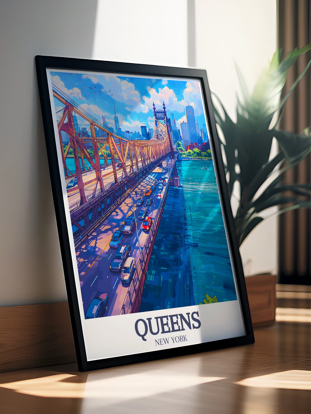 Enhance your home decor with a Queensboro Bridge East River stunning print displaying the intricate design of the bridge and the natural charm of the river perfect for living room decor