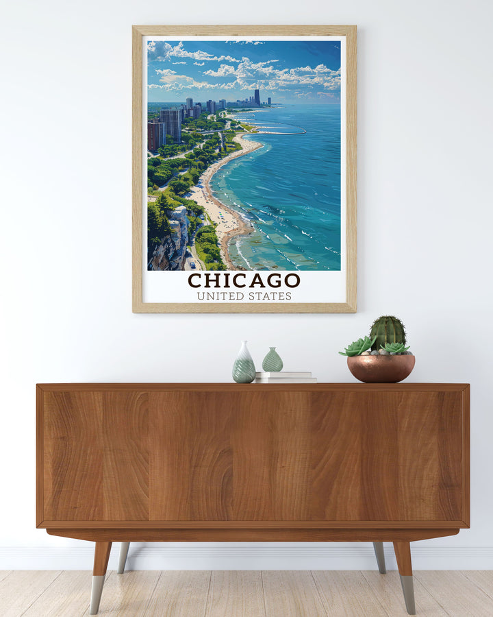 Vintage Lake Michigan travel poster showcasing the serene waters and iconic Chicago skyline perfect for personalized gifts and adding a classic touch to your wall art collection.