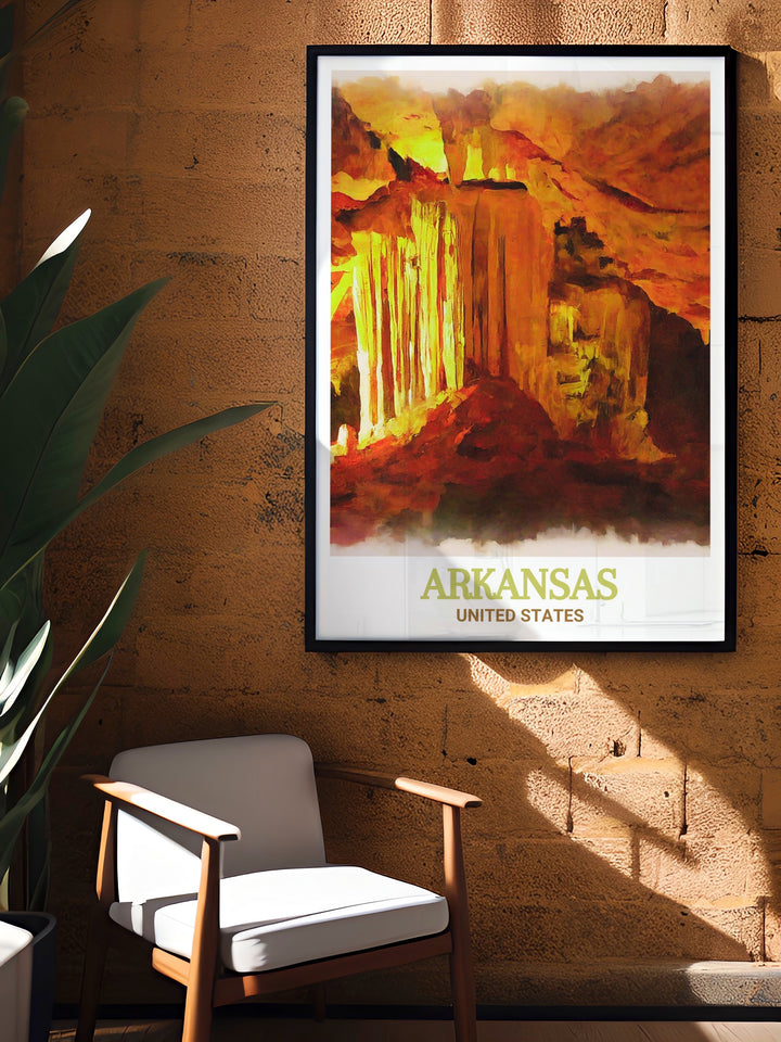 Vintage inspired print of Blanchard Springs Caverns, showcasing the stunning stalactites and stalagmites found within. This poster adds a unique and elegant touch to any decor, celebrating one of Arkansass most famous natural landmarks.