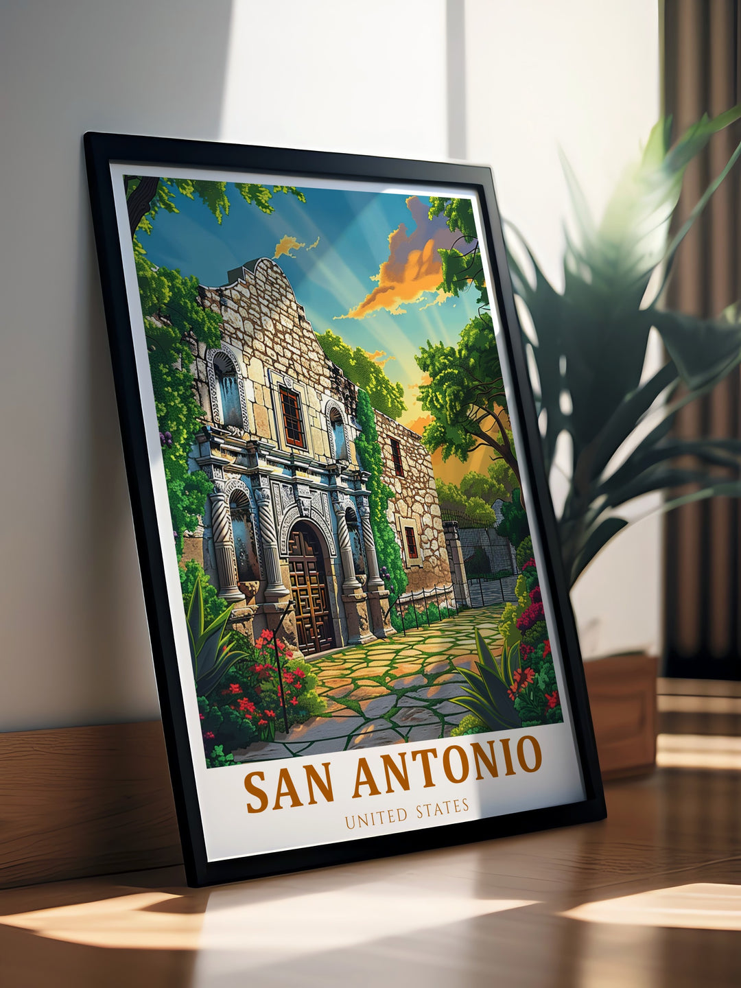 Celebrate Texas history with this San Antonio travel print, featuring the iconic Alamo. A perfect gift for those who love American history or San Antonios vibrant culture, this poster print brings history to life.