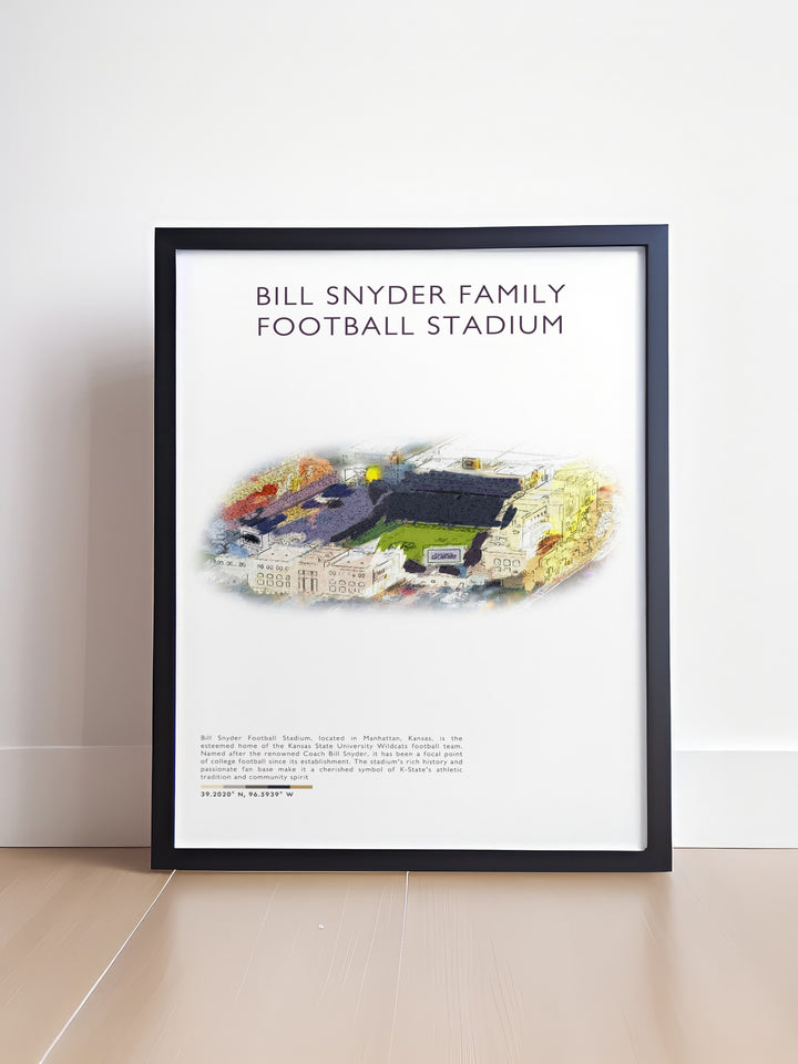 Dynamic Kansas State poster featuring Bill Snyder Family Stadium ideal for enhancing your dorm room decor or gifting to a Wildcats fan celebrating the excitement and tradition of Kansas State CFB.