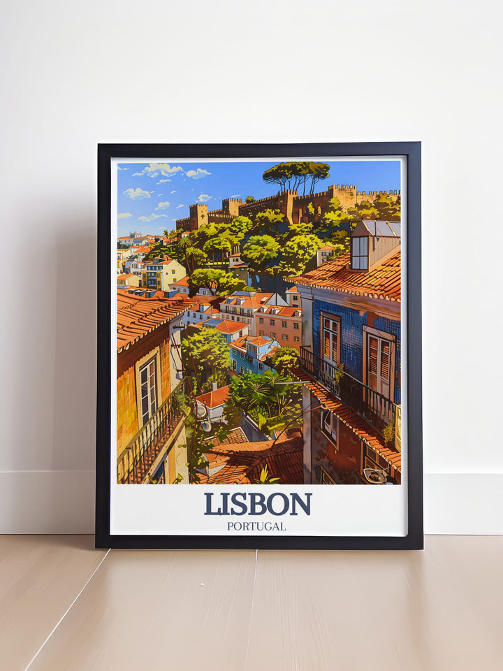 Enhance your living room decor with Portugal Artwork featuring Alfama District and Sao Jorge Castle. This Lisbon Art print offers a sophisticated way to celebrate the beauty of Lisbons historic landmarks.