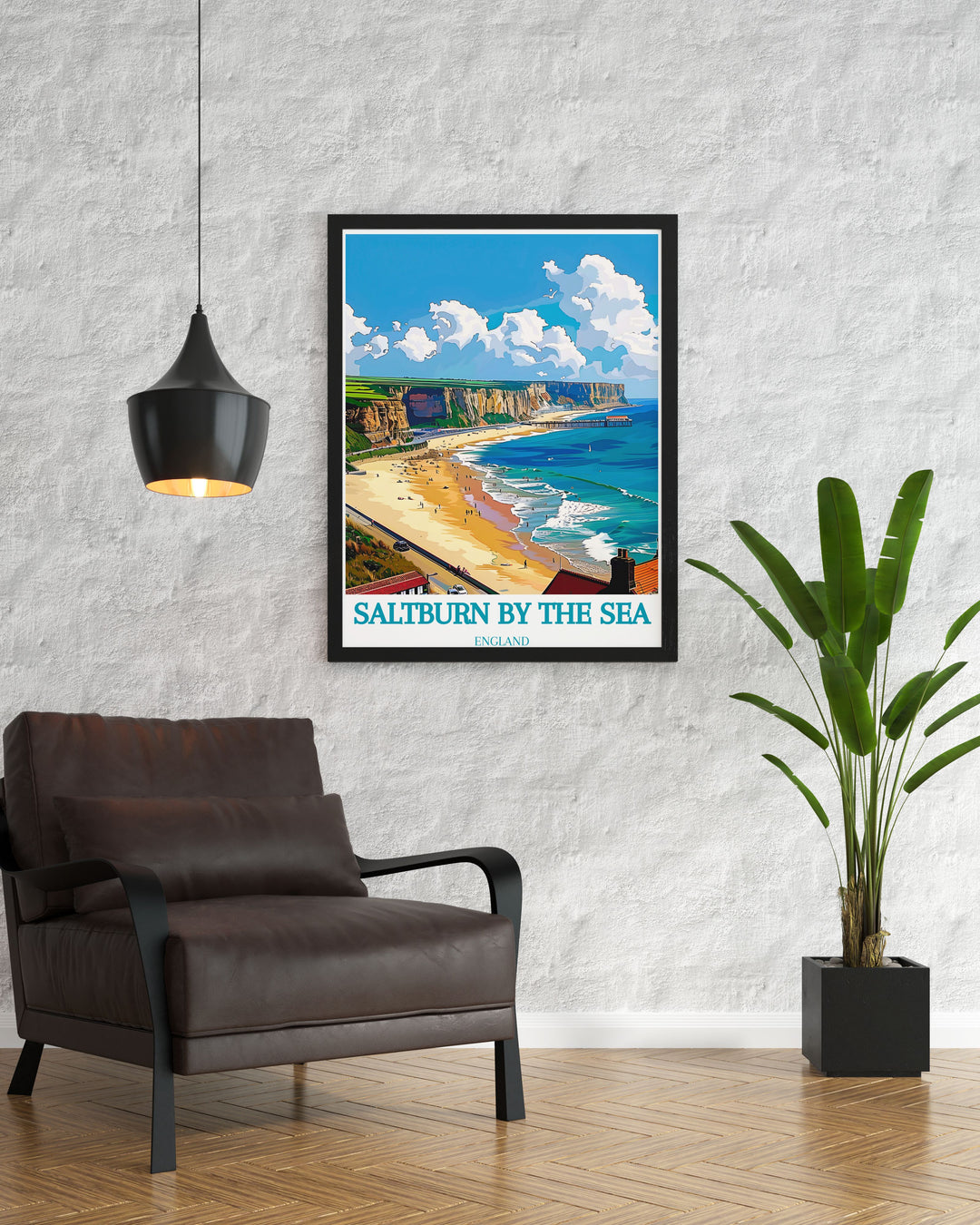 Yorkshire print of Saltburn Beach and Saltburn Pier capturing the essence of the British coastline with iconic landmarks such as Saltburn Cliff Lift and Saltburn Railway a perfect choice for those who love travel and fine art