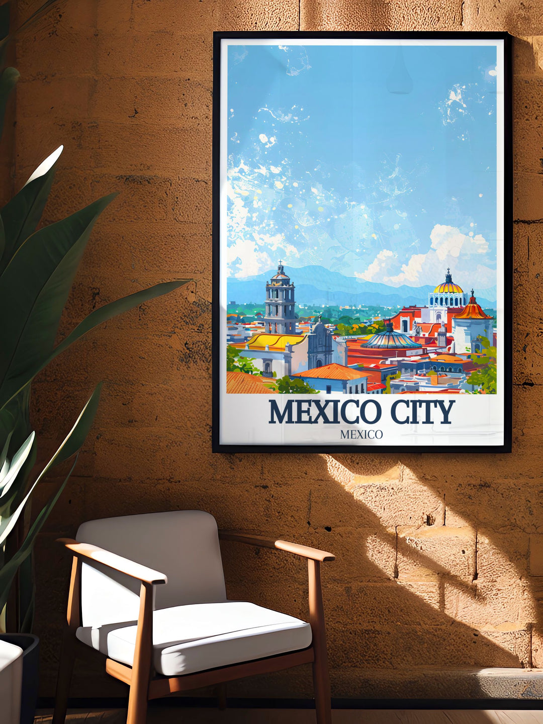 Elegant Mexico City travel print depicting Metropolitan cathedral Zocalo Chapultepec castle. This artwork is a perfect gift for lovers of Mexican culture and history adding a touch of sophistication to any room.