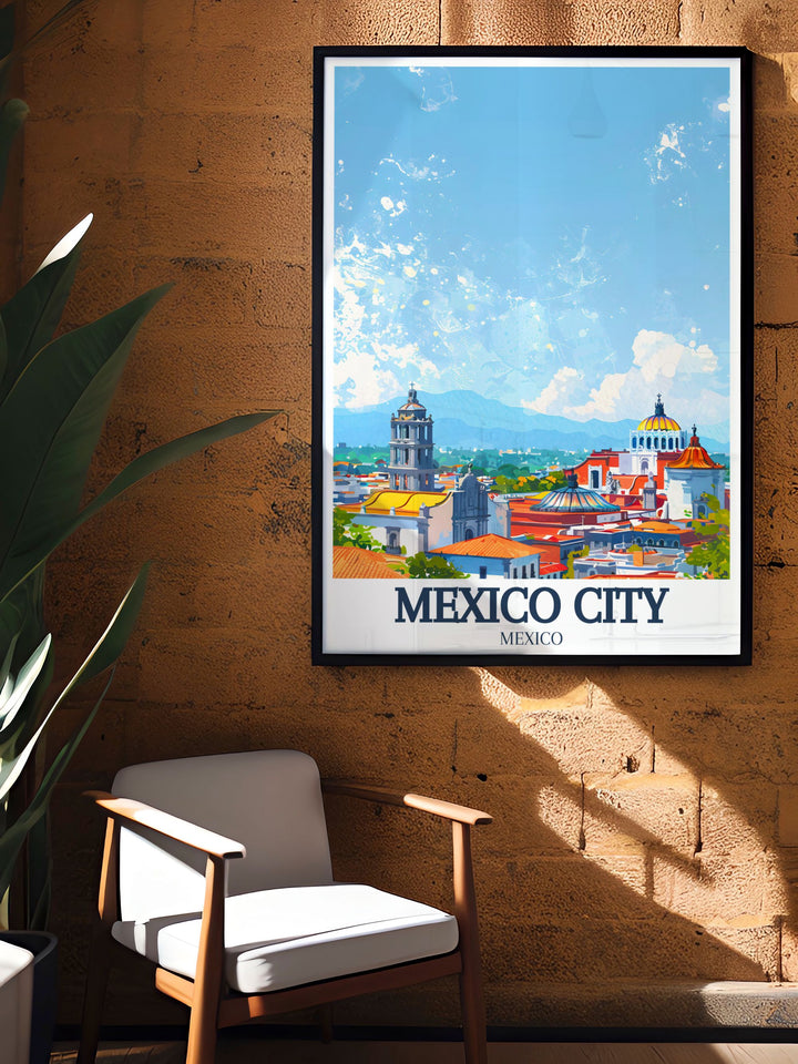 Elegant Mexico City travel print depicting Metropolitan cathedral Zocalo Chapultepec castle. This artwork is a perfect gift for lovers of Mexican culture and history adding a touch of sophistication to any room.