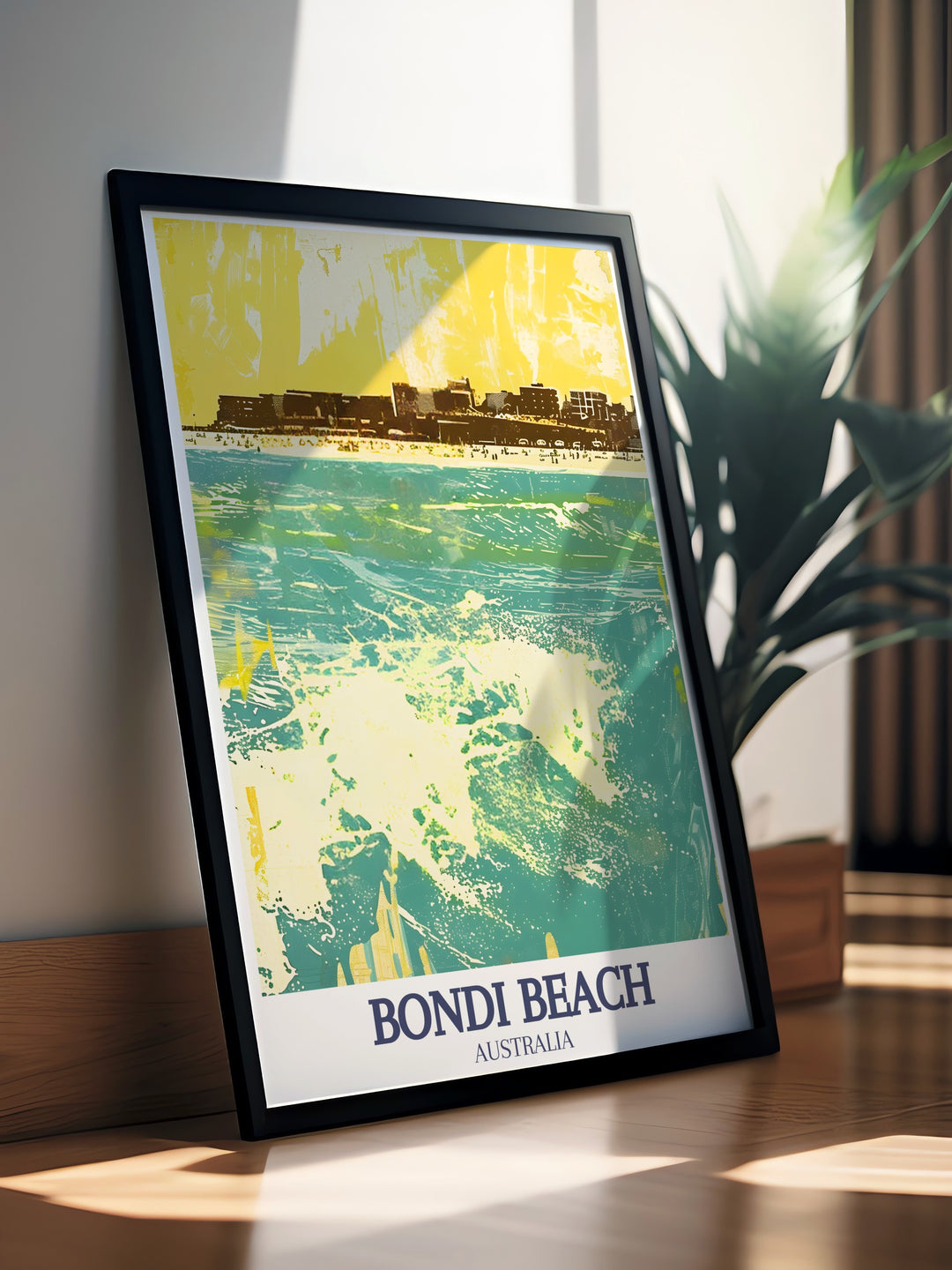 Sydney poster showcasing the Harbour Bridge and Sydney Opera House against a backdrop of clear blue skies. Bondi, South Bondi Beach vintage print brings the sun soaked charm of Bondi Beach into your home, ideal for lovers of Australia art.