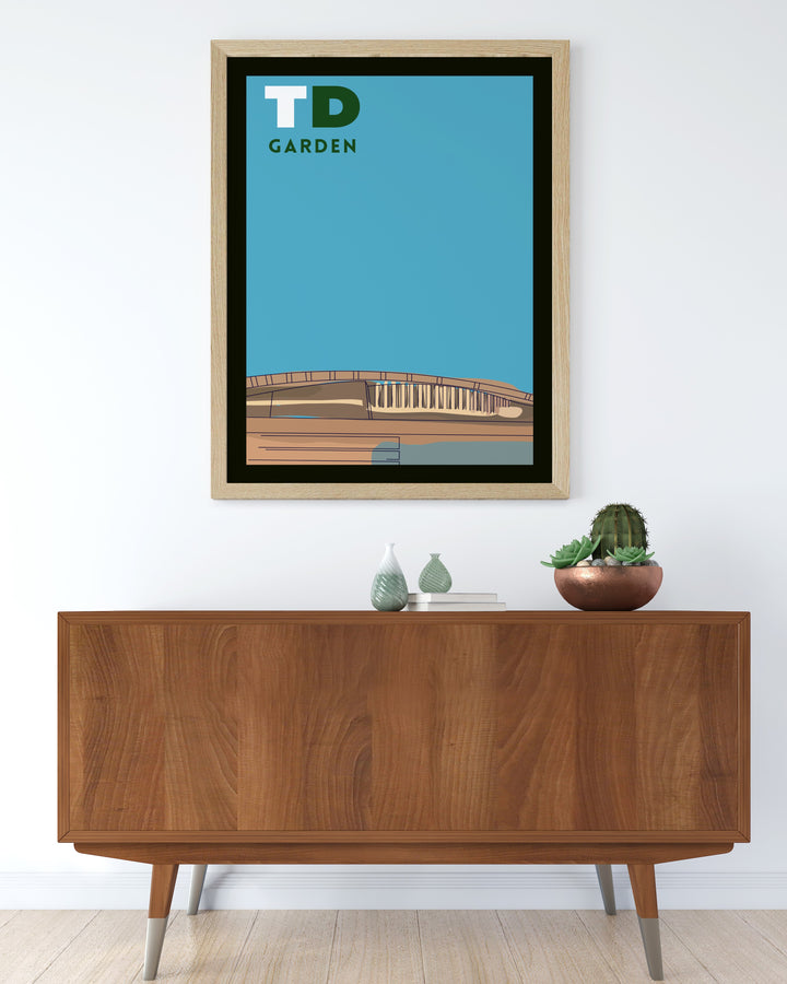 Stunning TD Garden Modern Print with Jason Tatum and Marcus Smart in a classic retro style capturing the excitement of Boston Celtics basketball perfect for any interior space or office"