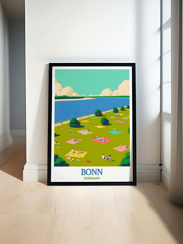 This Bonn poster print beautifully captures the peaceful charm of Rheinaue Park, a lush green space along the Rhine River. Ideal for anyone who loves nature and Germanys serene landscapes, this travel print brings the tranquility of Bonns most famous park into your home decor.