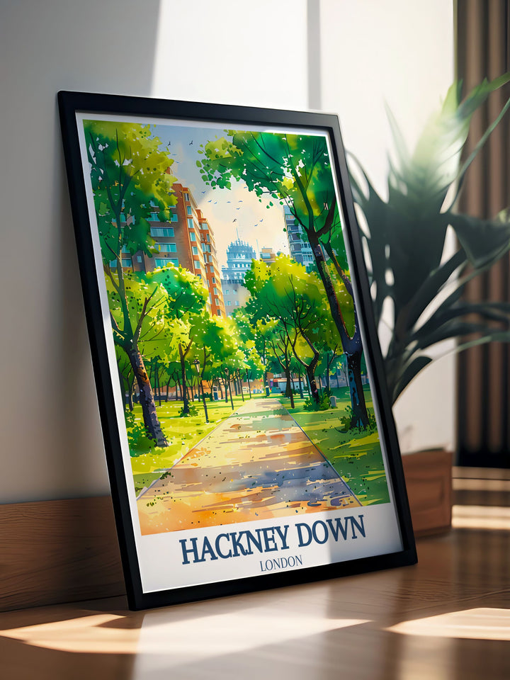 Showcasing the scenic beauty of Hackney Downs, this travel poster captures the serene and inviting atmosphere of East Londons beloved park, bringing a piece of its charm into your home.
