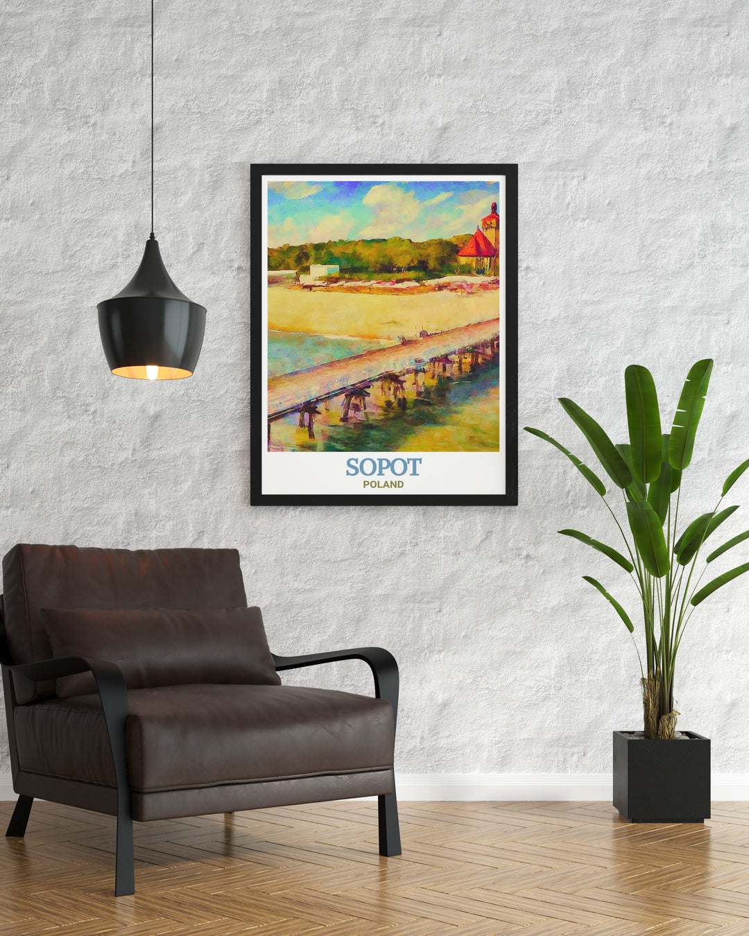 Artistic depiction of Sopot Pier in Poland, showcasing its status as a premier destination on the Baltic coast. This wall art is ideal for those who love Polish landscapes and wish to add a touch of maritime elegance to their living spaces.