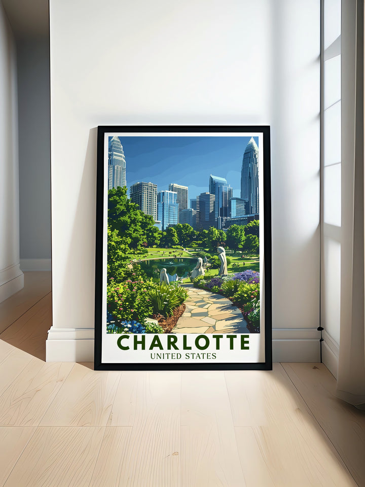 Our Charlotte wall art captures the serene atmosphere of Romare Bearden Park amidst the vibrant energy of the city. Featuring the Bank of America Corporate Center in the background, this fine line print is a celebration of urban and natural harmony. Ideal for any space, this travel poster offers a modern touch to your decor while highlighting one of Charlottes beloved landmarks.