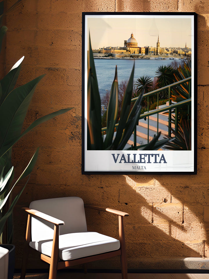 Our Valletta poster print brings together the beauty of Maltas Basilica of Our Lady of Mount Carmel and the vibrant scene of the Grand Harbour. Its a perfect addition to any wall, ideal for those who adore travel art and Mediterranean landscapes.