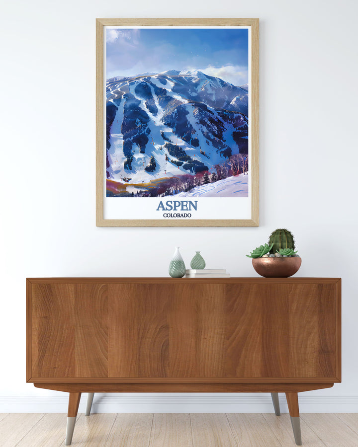Featuring Aspen Highlands and its majestic slopes, this travel poster brings the thrill of Colorado skiing into your home, making it a perfect addition to any winter sports lovers decor.