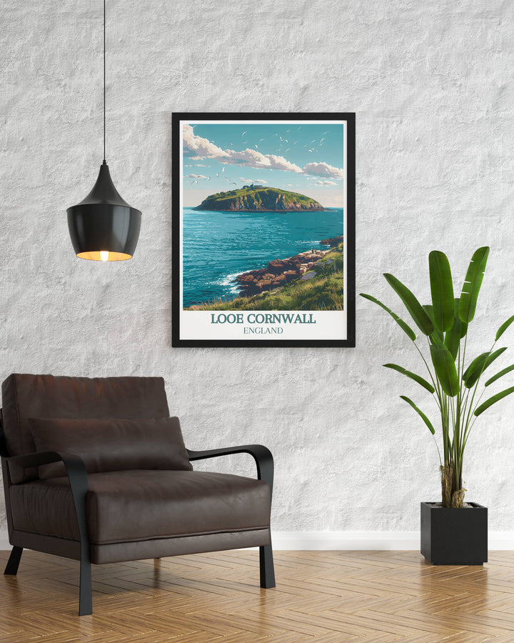 Framed Looe Island Modern Decor print showing the coastal charm of Looe Island with detailed vintage artwork enhancing your home.