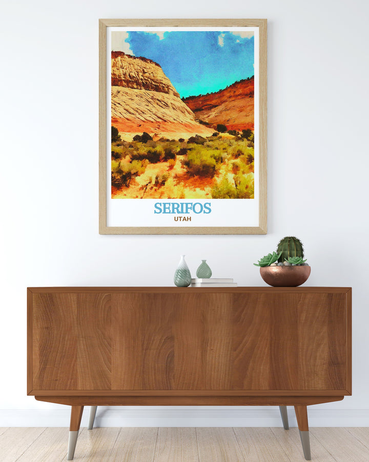 This Utah artwork features the iconic Checkerboard Mesa and the surrounding Springdale area. The vivid colors and fine details capture the rugged beauty of the landscape, making it an excellent choice for any nature enthusiast.