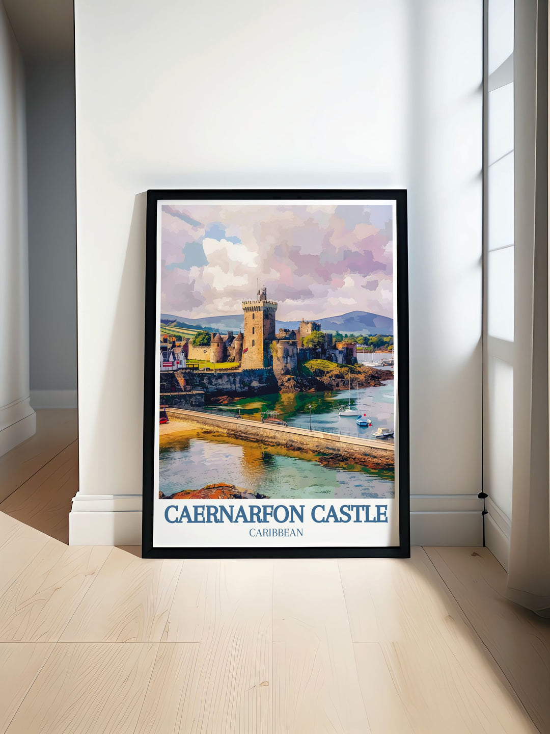 Stunning Caernarfon Castle print highlighting the majestic fortress, the scenic Menai Strait, and the rugged Snowdonia Ranger path, ideal for history enthusiasts and nature lovers.