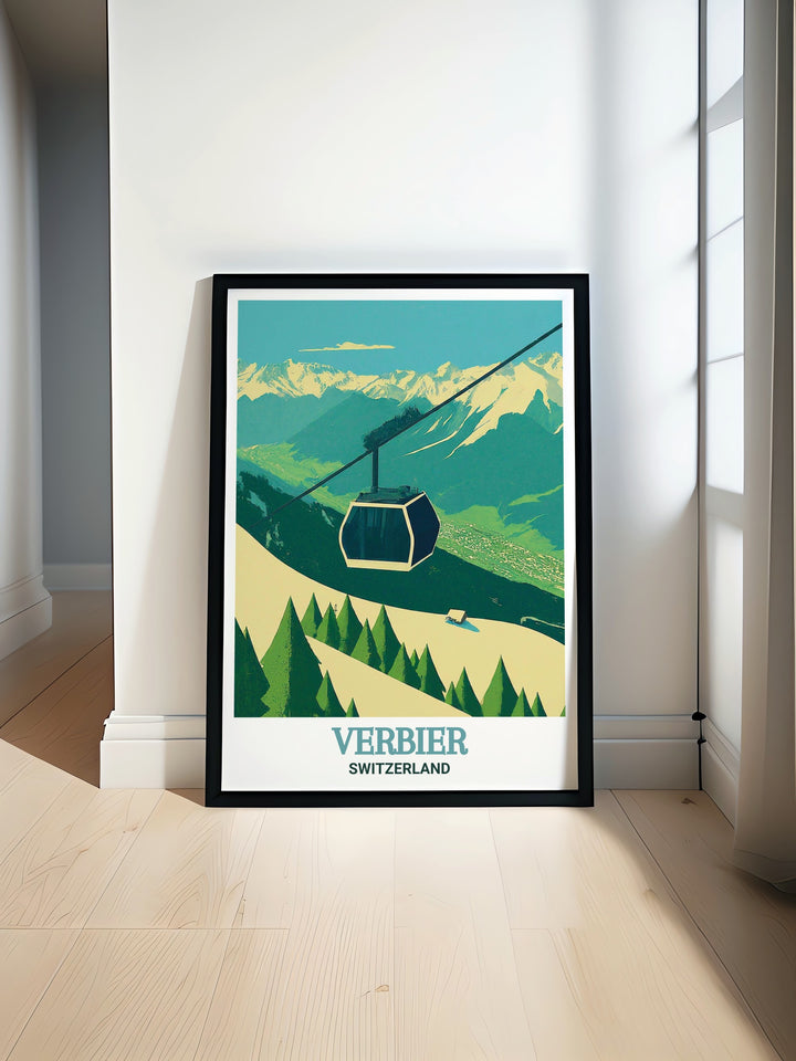 This framed art print captures the beauty of Verbiers Le Châble Gondola, set against the awe inspiring backdrop of the Swiss Alps. A stunning piece for any winter sports enthusiast or lover of alpine scenery.