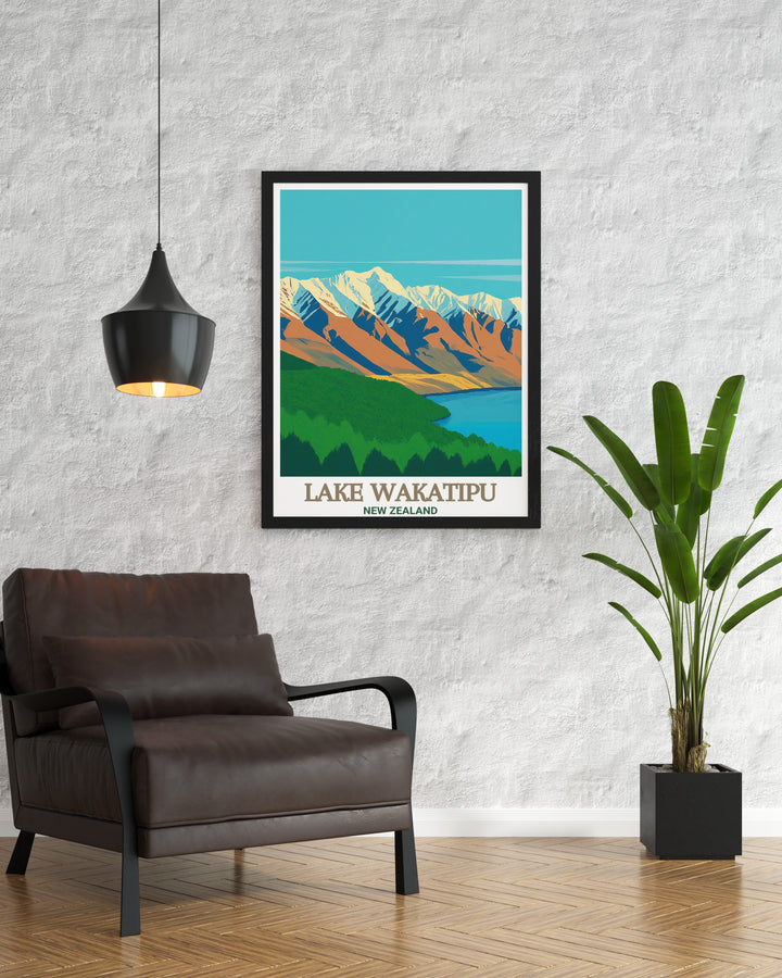 Bring the adventure and beauty of Queenstown into your home with this Lake Wakatipu and The Remarkables travel poster. Perfect for decorating your living space or gifting to someone who loves New Zealands stunning landscapes.