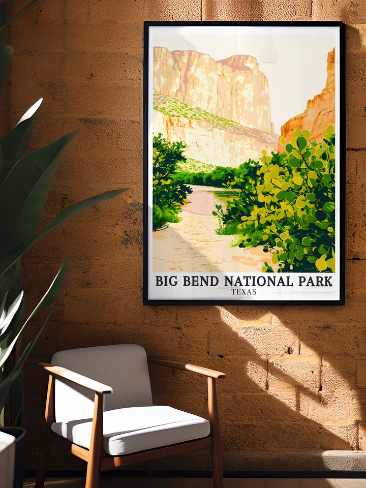 National Park Poster featuring the Rio Grande River South Rim cliffs in Big Bend Texas USA offers a captivating view of the Chihuahuan Desert and Chisos Mountains making it a must have for anyone who loves vintage travel prints and outdoor adventure art