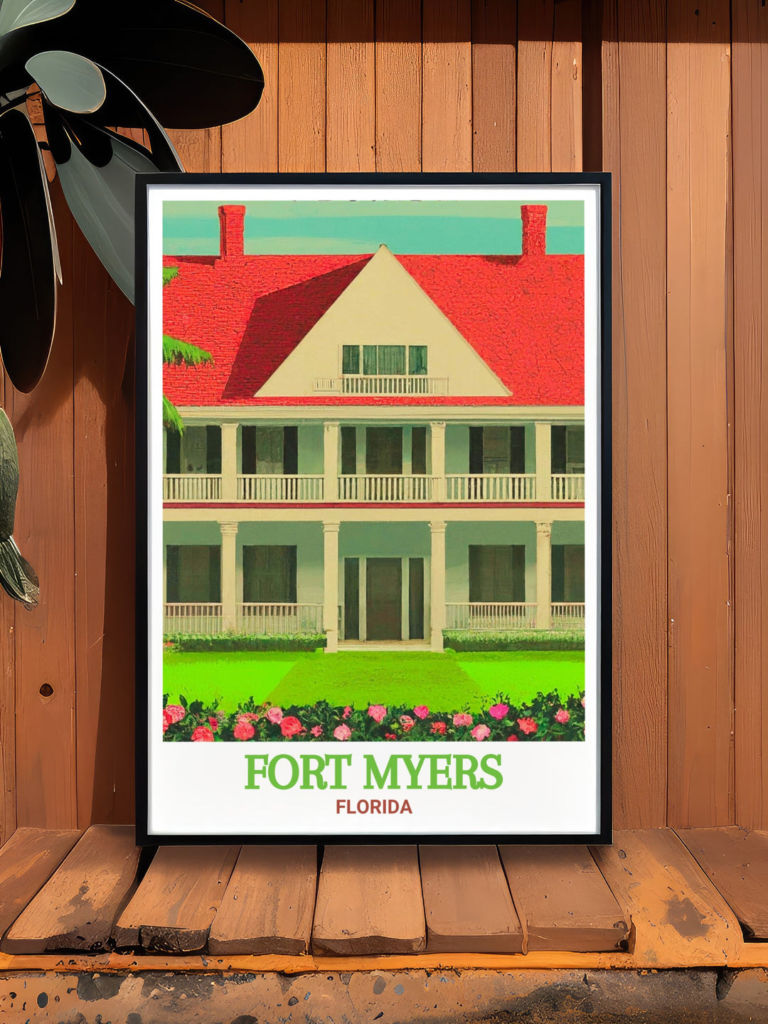 Art print of Edison & Ford Winter Estates featuring vibrant gardens and iconic buildings. This Florida print brings the charm of Fort Myers historical landmark into your living space, ideal for those who appreciate historical and scenic views.