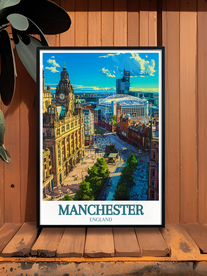 Manchester town hall and Old Trafford stadium wall art depicting the iconic buildings in all their glory ideal for those who admire Manchesters historical and cultural heritage and want to showcase it in their decor.