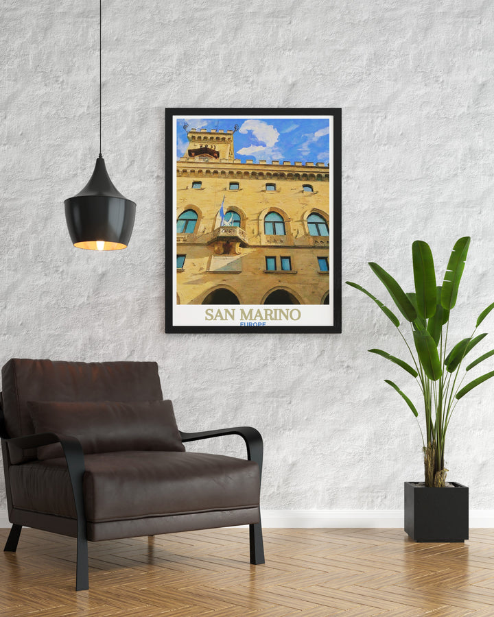 This San Marino travel poster showcases the iconic Palazzo Pubblico in the heart of the Republic. The Gothic architecture of the building and its historic significance are captured beautifully in this detailed artwork, making it a perfect addition to your home or office wall decor.