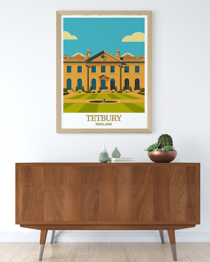 A detailed depiction of Highgrove Houses gardens, offering an elegant and tranquil landscape. This travel poster brings the essence of English countryside living into your home with a touch of royal flair.