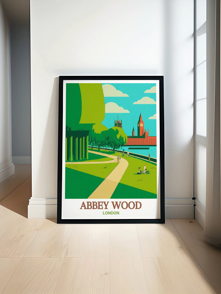 Abbey Wood Poster Print capturing the serene beauty of South East Londons Lesnes Abbey Woods and the scenic Thames Path a perfect vintage travel print for adding tranquility and historical charm to your home decor