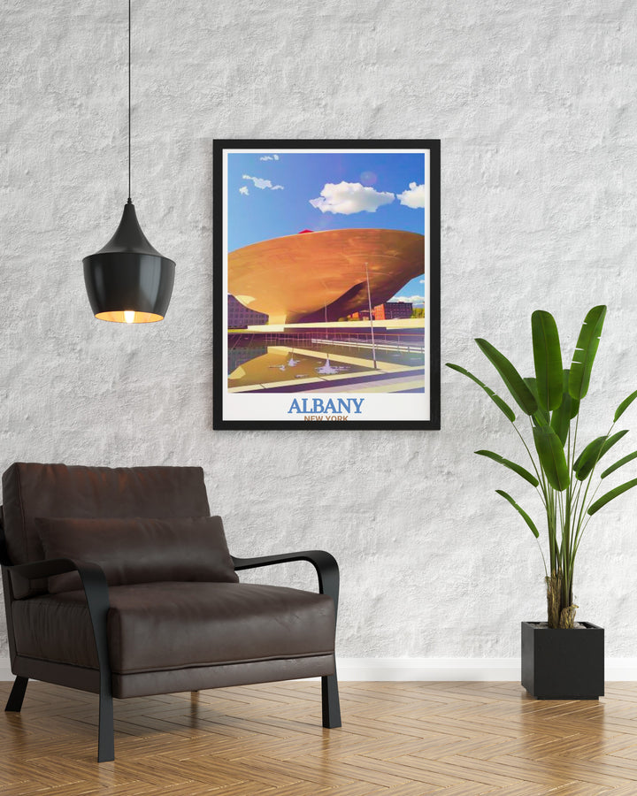 Captivating The Egg modern art highlighting the beauty of Albanys landmarks an ideal piece for art and collectibles lovers who want to bring a piece of New York State decor into their homes and offices with striking visual impact.