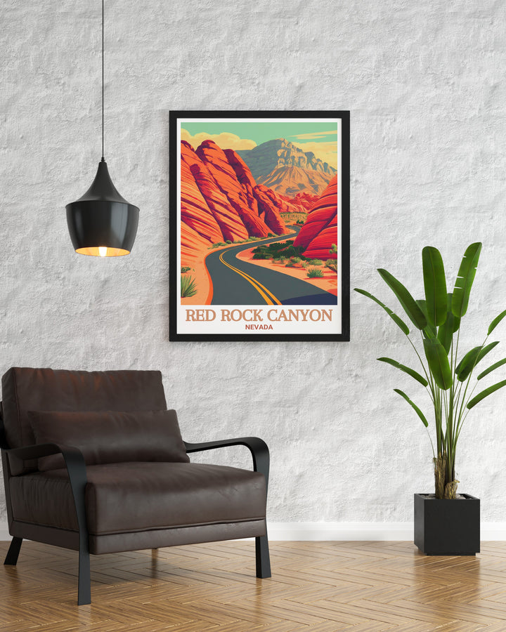 Scenic Drive framed prints and Red Rock Canyon poster print featuring the dramatic desert landscape of Nevada ideal for creating a warm inviting atmosphere in your home with unique and stunning wall decor.