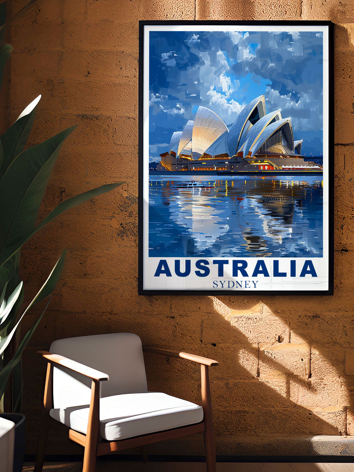The architectural marvel of the Sydney Opera House, with its distinctive shells, is depicted in this detailed illustration, offering a glimpse into Sydneys vibrant cultural scene.
