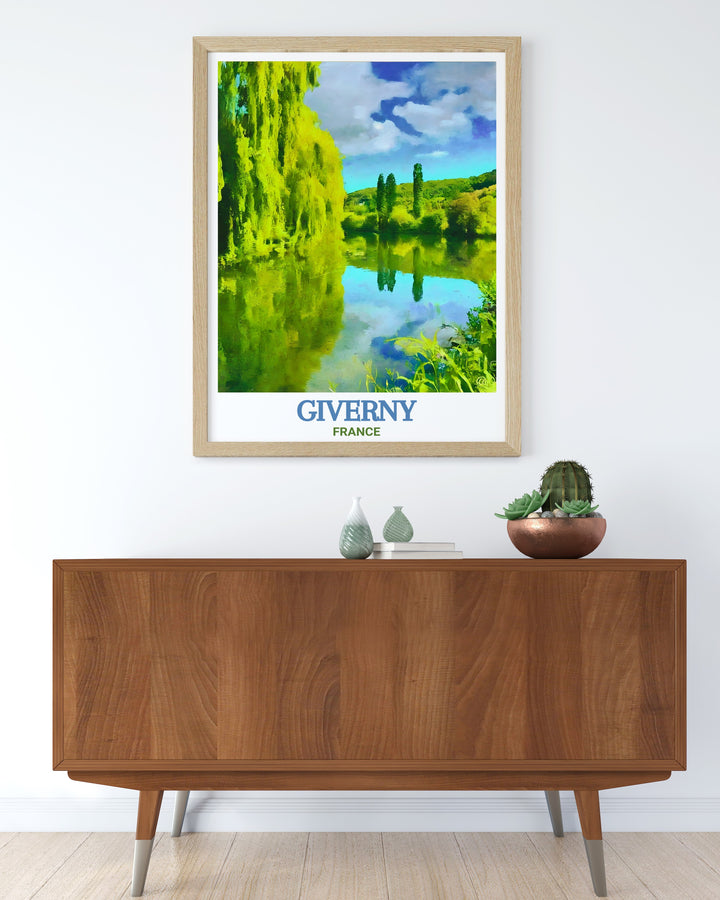 This Giverny travel print showcases the peaceful views of the Seine River and Claude Monets gardens in France. Perfect for art lovers and travelers, this artwork celebrates the elegance and tranquility of the French countryside.