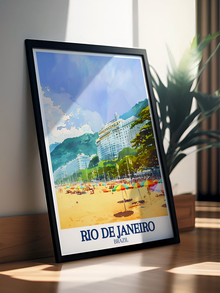 Copacabana Palace travel print offering a glimpse into the opulent world of Rios most luxurious hotel. This artwork is perfect for adding a touch of glamour to your living space.