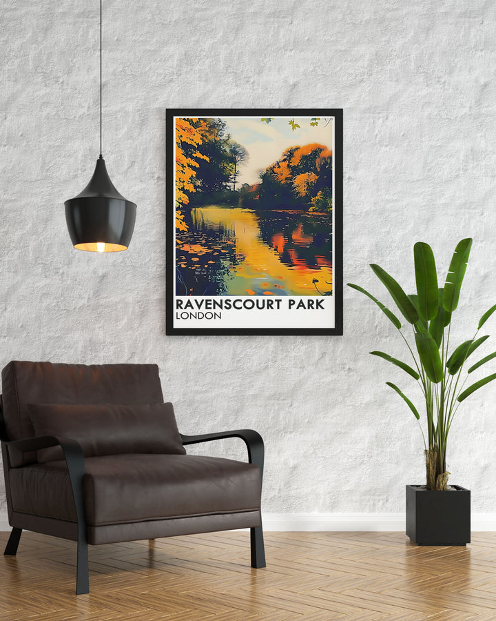Elegant Ravenscourt Park Lake Modern Art Print featuring the serene lake and lush greenery. Perfect for adding a sophisticated touch to your decor, this print captures the timeless beauty of one of Londons hidden gems.